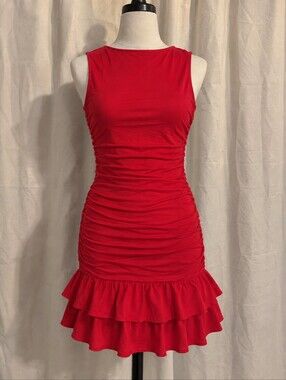 ✨4/$18✨Red Ruched Bodycon Drop Waist Ruffle Mini Dress